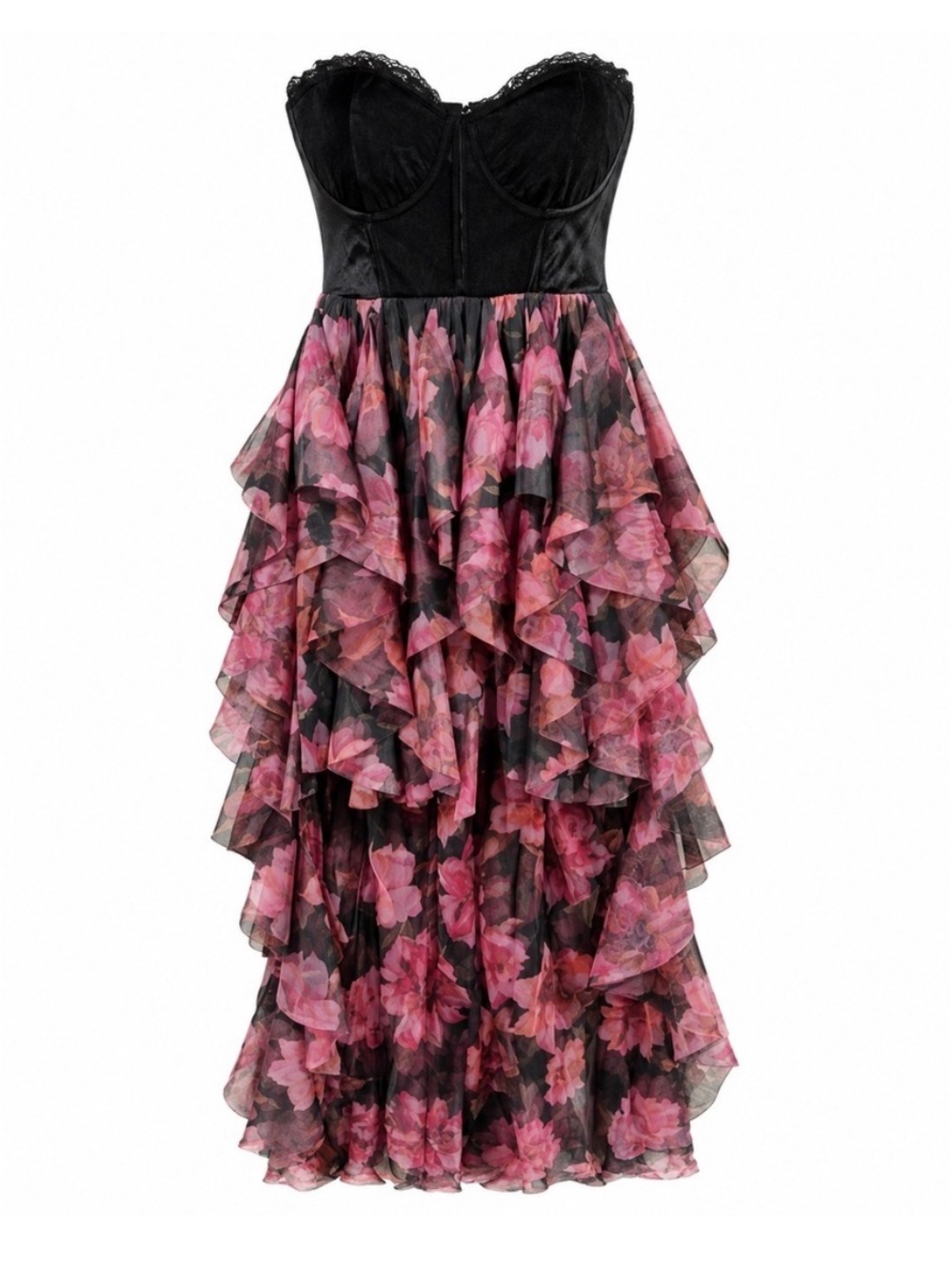 Thirty thirty Bustier Strapless Dress with Pink Floral Ruffled Skirt